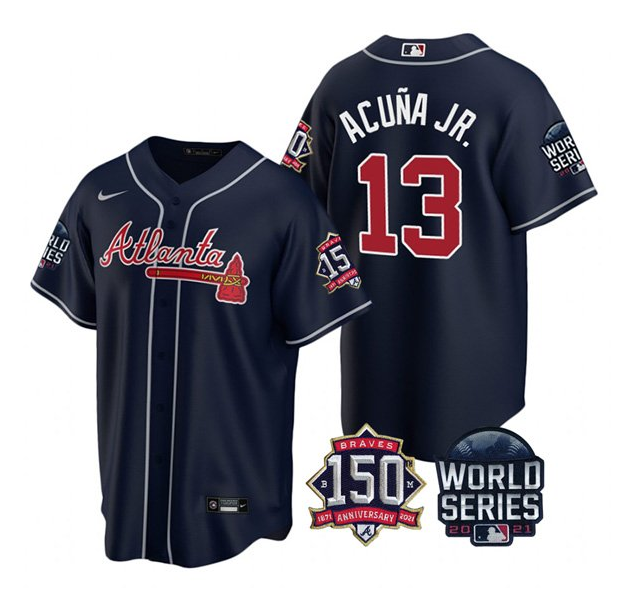 Men's Navy Atlanta Braves #13 Ronald Acuna Jr. 2021 World Series With 150th Anniversary Patch Cool Base Stitched Jersey